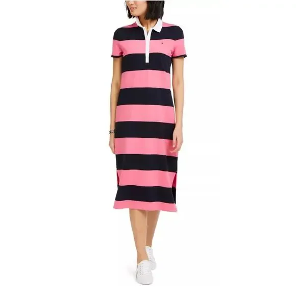 Tommy Hilfiger pink and blue rugby striped polo shirt dress Sz Med Preppy Casual - Picture 1 of 8